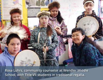 Wendler Middle School kids in traditional Alaska Native clothing.