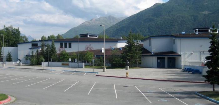 Gruening Middle School's building and parking lot 