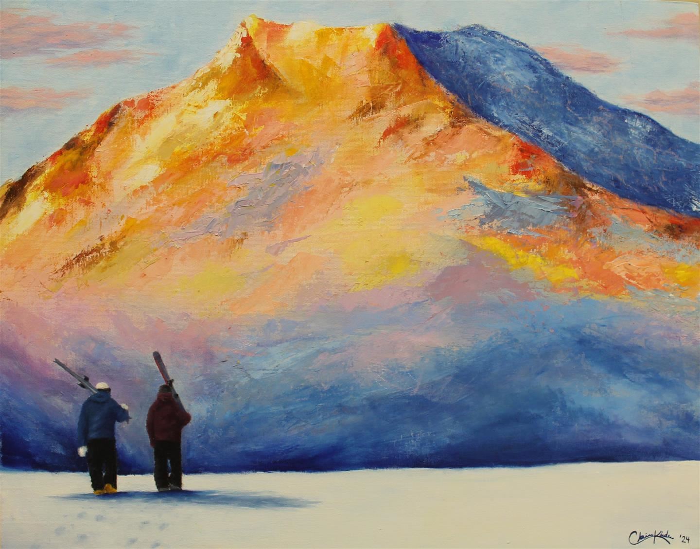 This student art is a painting of two skiers walker toward a mountain. A print of the art was gifted to Denali Award winners.