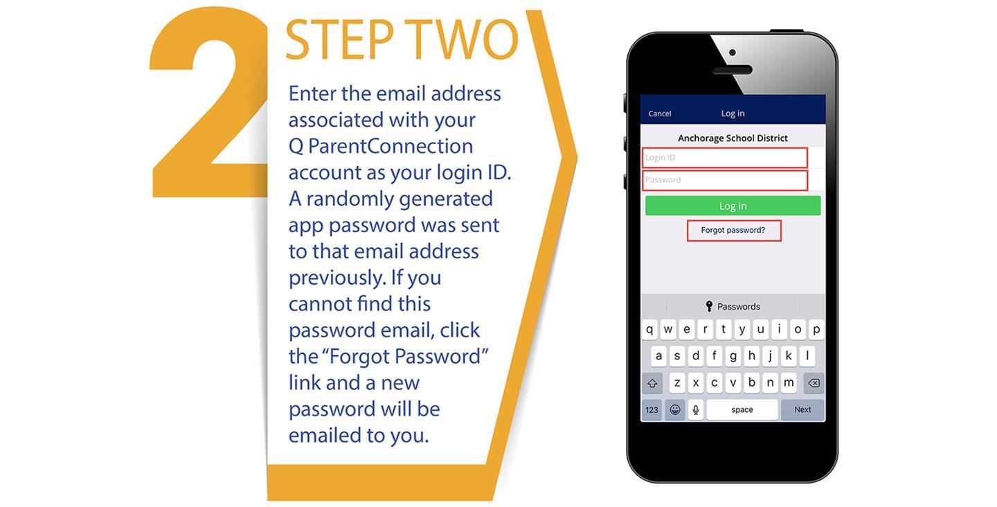 Enter the email address associated with your Q ParentConnection account as your login ID. A randomly generated app password was sent to that email address previously. If you cannot find this password email, click the forgot password link and a new password will be emailed to you