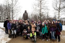 Students in front of statue