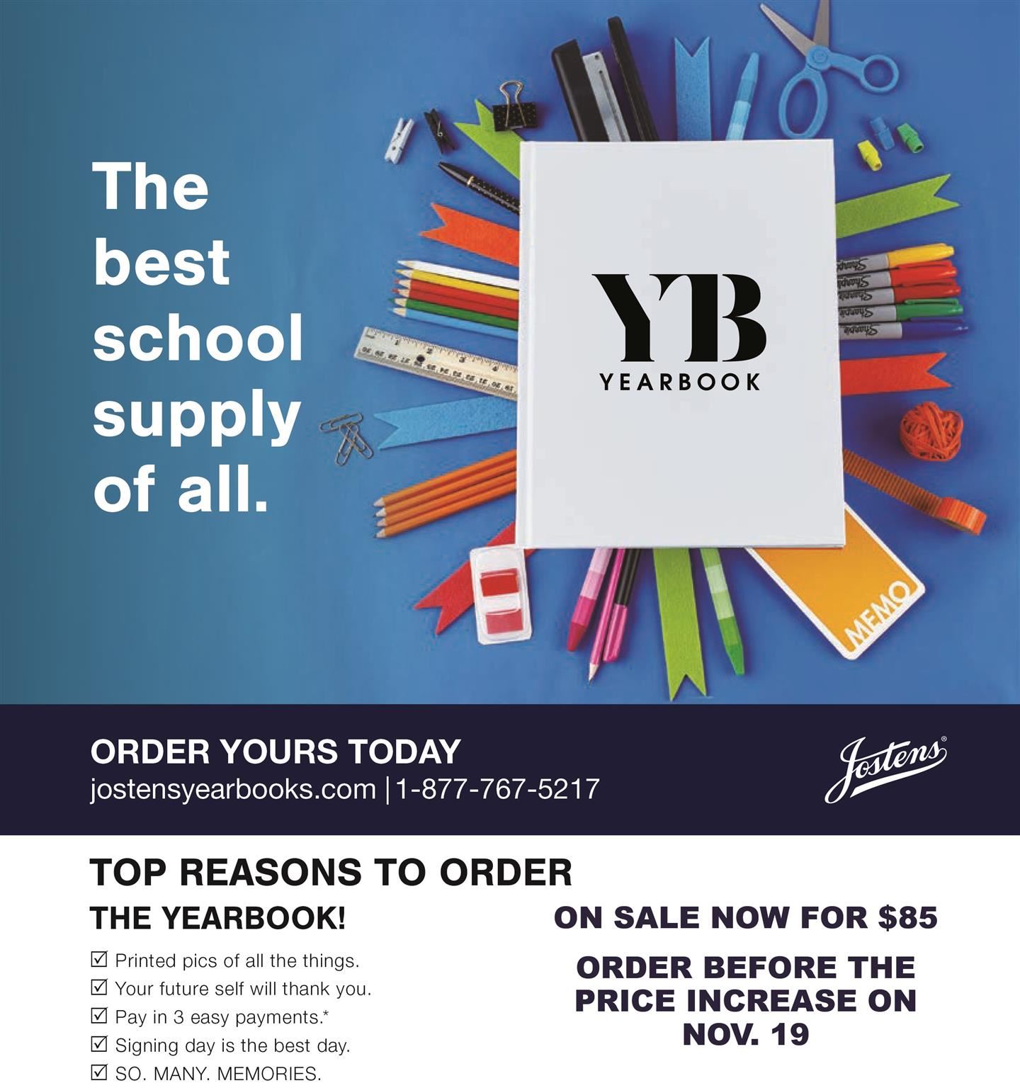 A picture of school supplies with a yearbook on top.