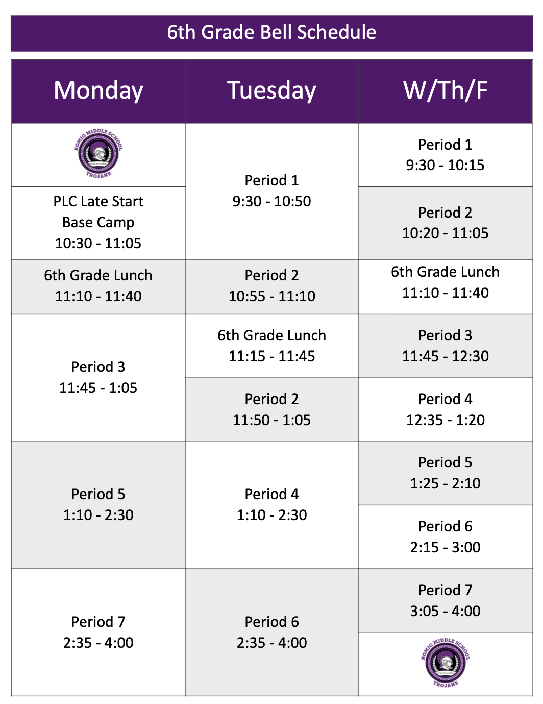 6th grade Romig bell schedule