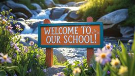  Welcome sign in front of a mountain stream
